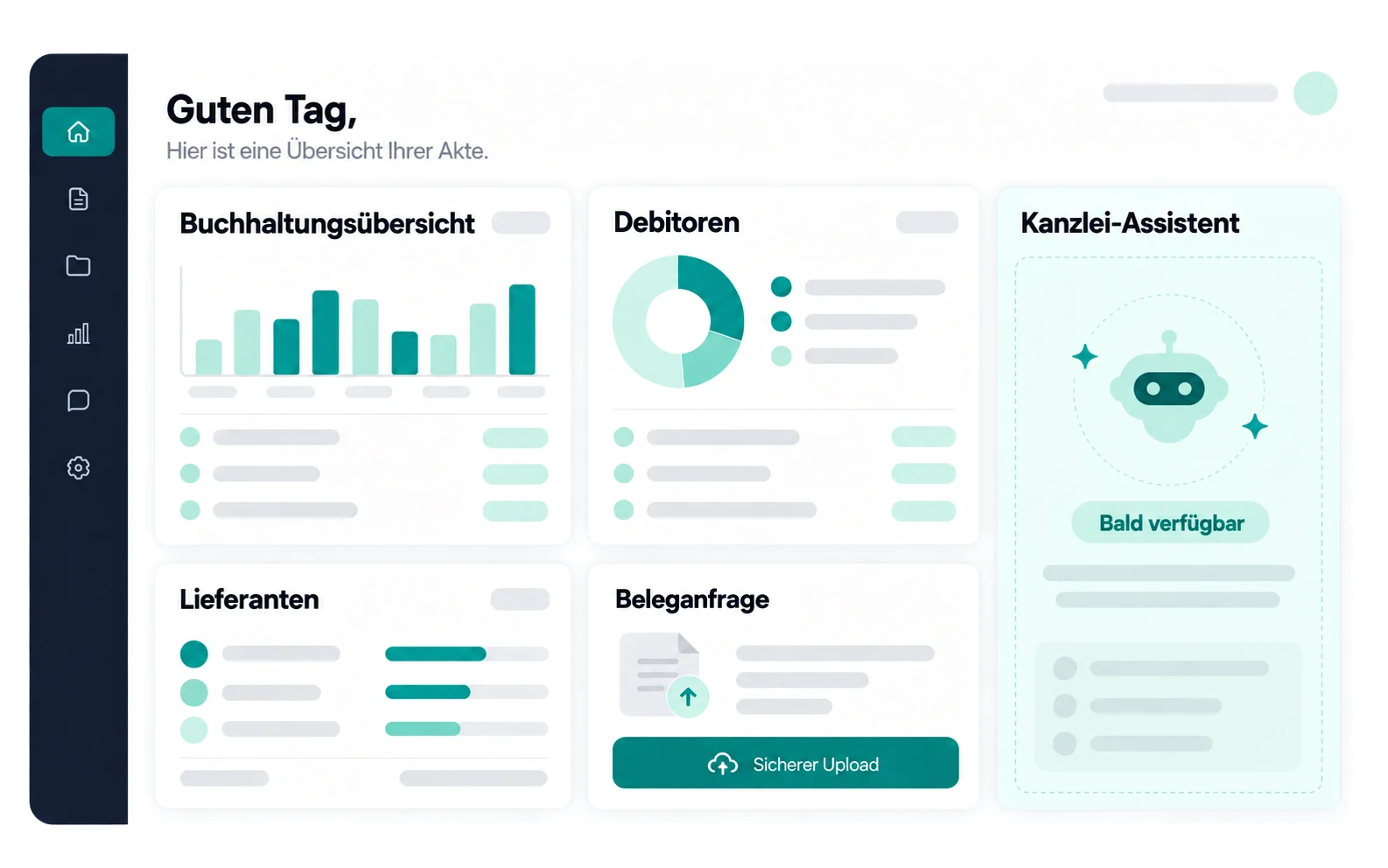 Ein Kundenportal mit der Finanzübersicht, den Debitoren, den Lieferanten, einer Beleganfrage zum sicheren Hochladen und dem Kanzlei-Assistenten, bald verfügbar.
