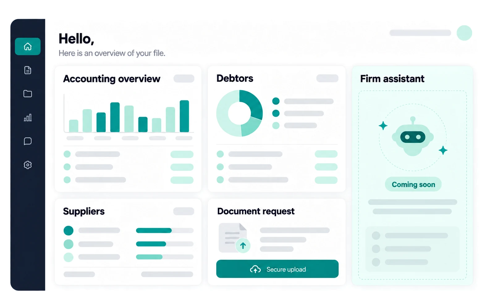 A client portal showing the accounting position, customers, suppliers, a document request to upload securely and the firm assistant, coming soon.