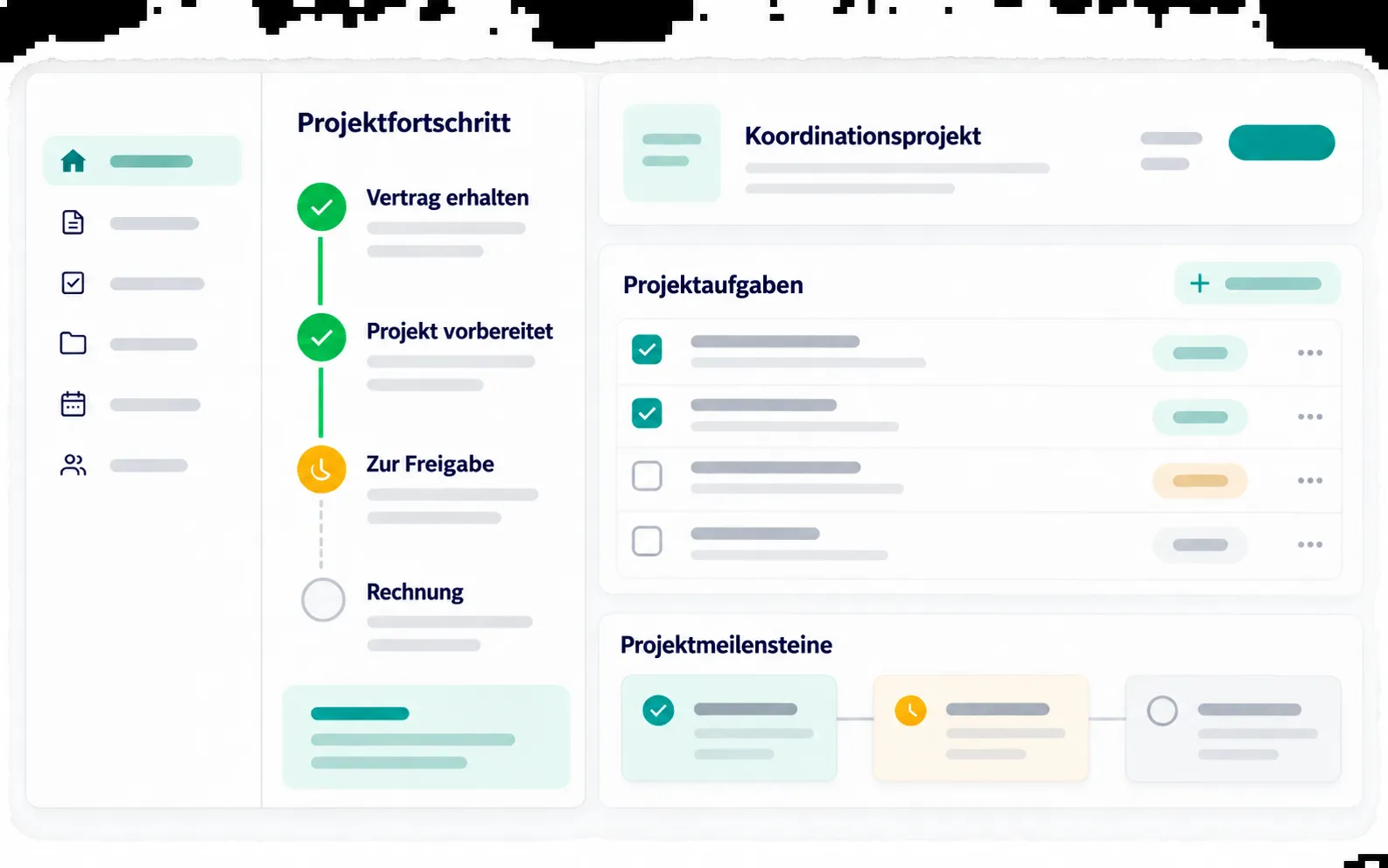 Ein Projekt mit seinem Fortschritt (Vertrag erhalten, Projekt vorbereitet, zur Freigabe, Rechnung), seinen Aufgaben und Meilensteinen.