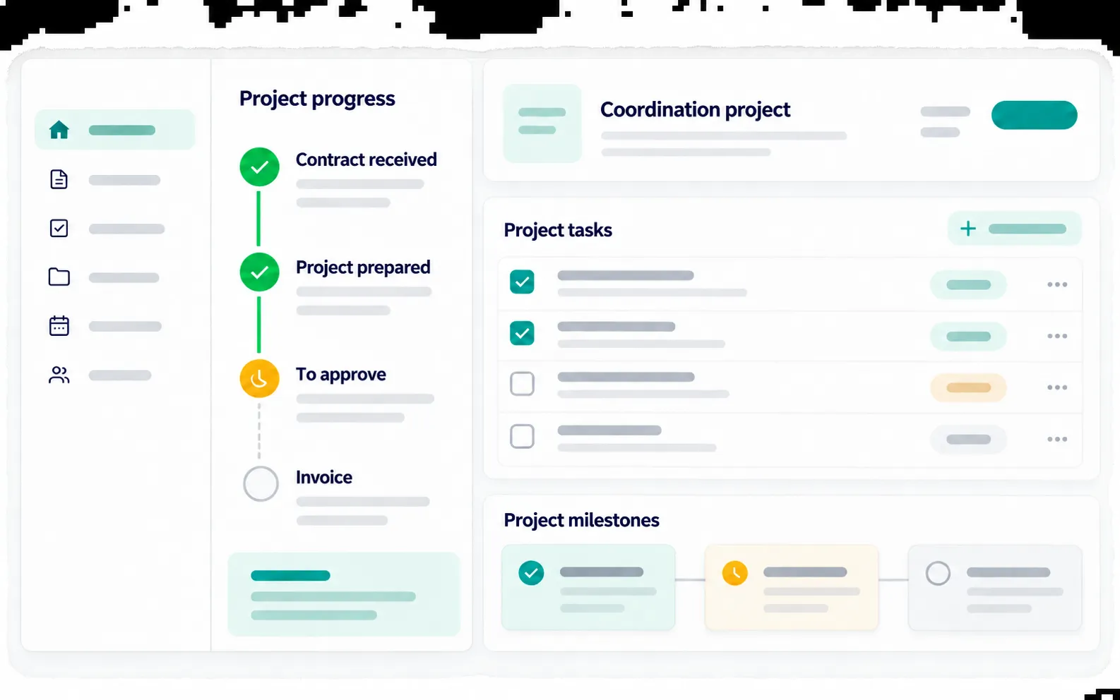 A project with its progress (contract received, project prepared, to approve, invoice), its tasks and its milestones.