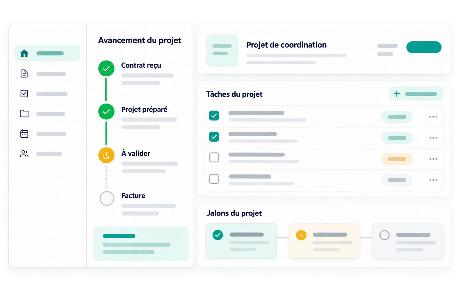 Un projet avec son avancement (contrat reçu, projet préparé, à valider, facture), ses tâches et ses jalons.