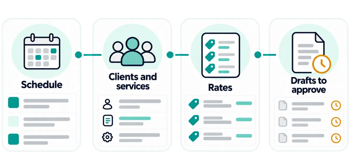 A calendar feeds customers and services, then rates, then draft invoices to approve.