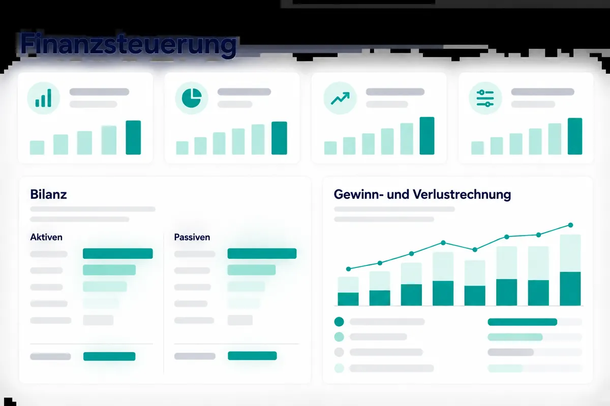 Ein Steuerungs-Dashboard mit Kennzahlen, Bilanz und Erfolgsrechnung, auf fiktiven Daten.