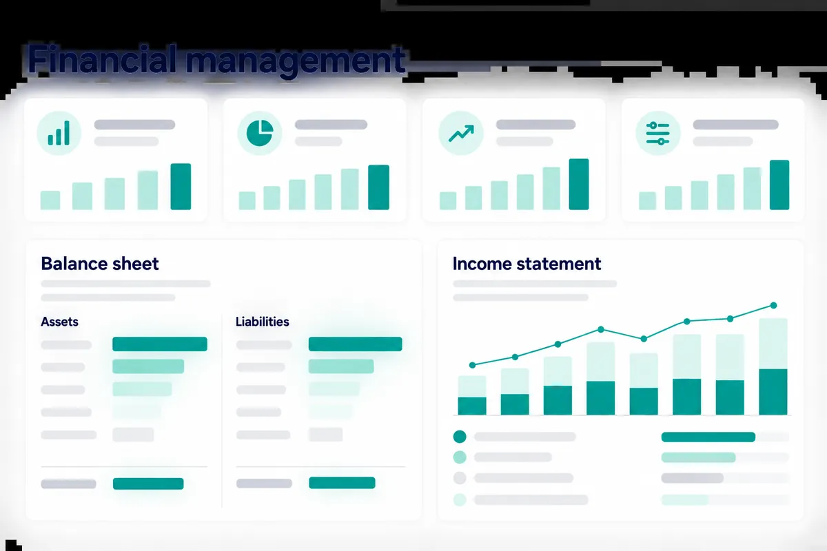 A steering dashboard with indicators, the balance sheet and the income statement, on fictitious data.
