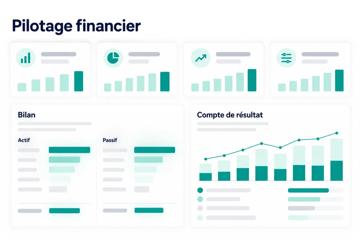 Un tableau de pilotage avec des indicateurs, le bilan et le compte de résultat, sur des données fictives.