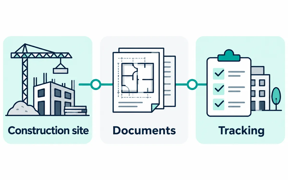 Construction sites and project management: illustration of the flow, no brand.