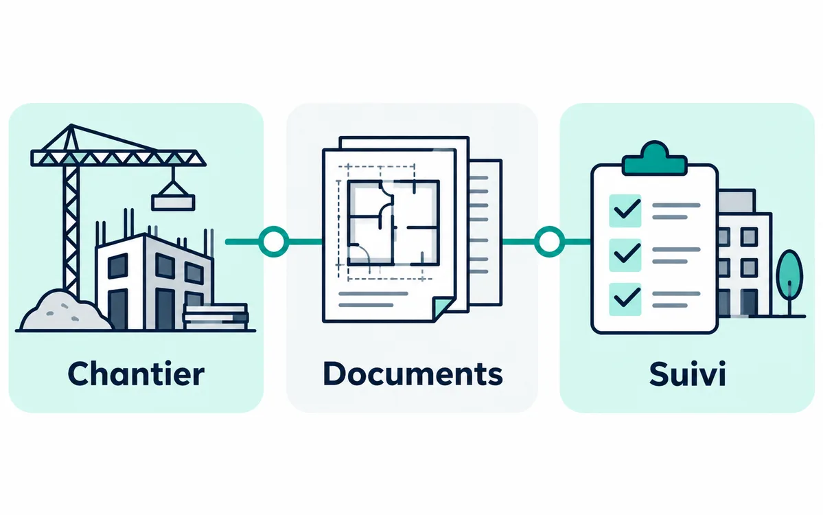 Chantier et gestion de projet : illustration du flux, sans marque.