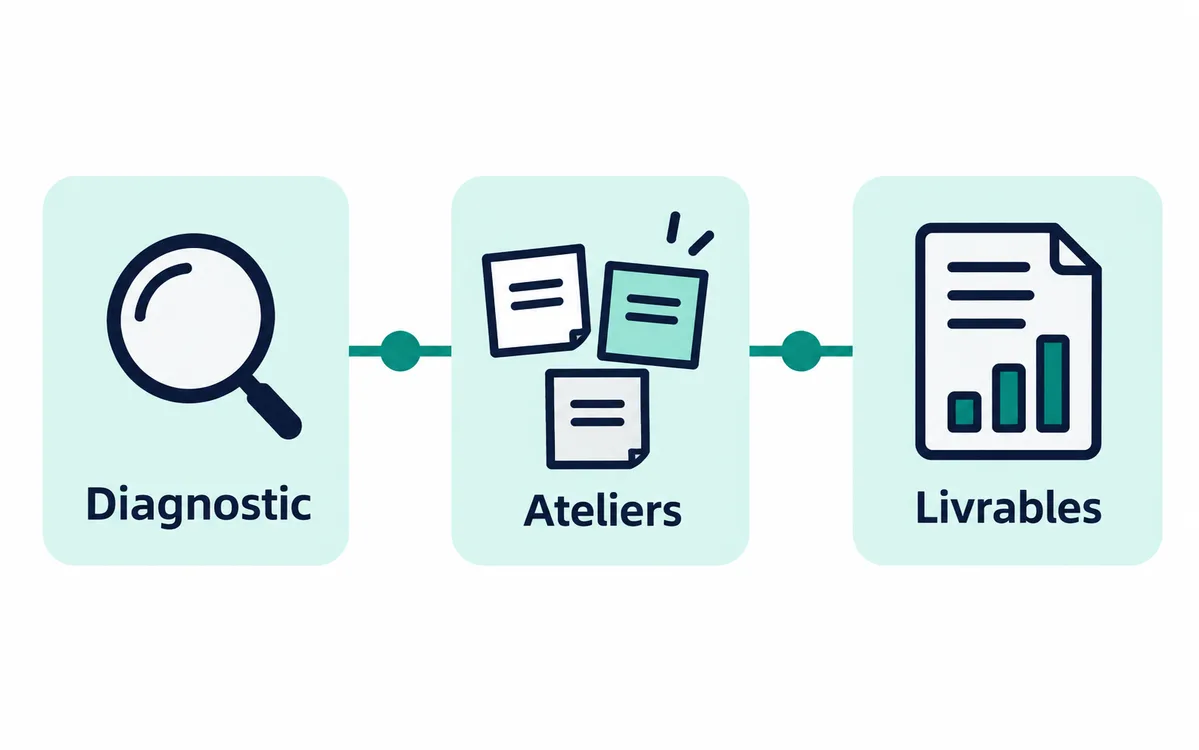 Conseil, avocats, agences : illustration du flux, sans marque.