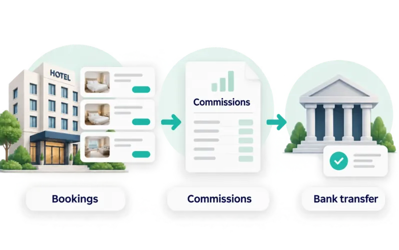 Hotels and accommodation: illustration of the flow, no brand.