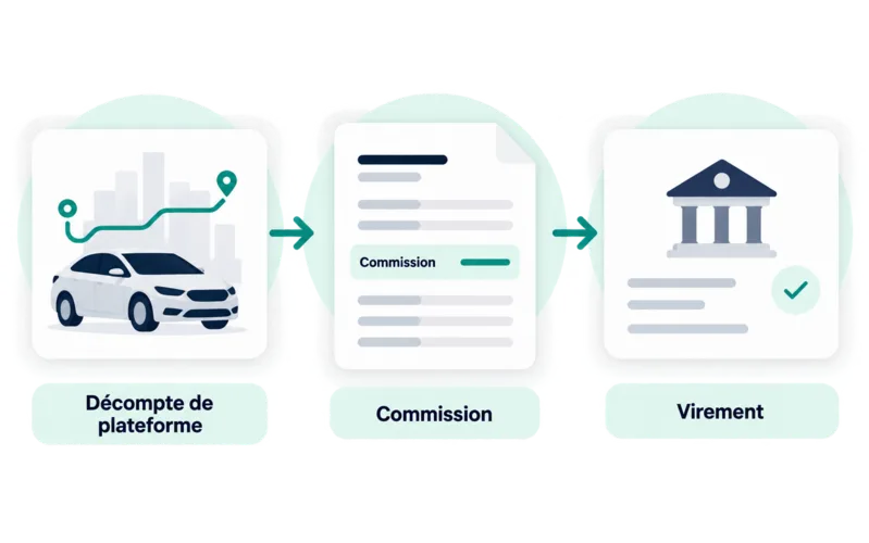 Chauffeur sur une plateforme de transport : illustration du flux, sans marque.
