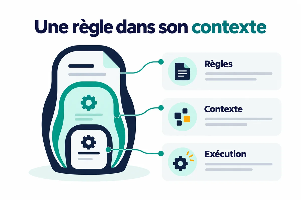 Une poupée russe dont les couches représentent les règles, le contexte et l'exécution, emboîtés les uns dans les autres.
