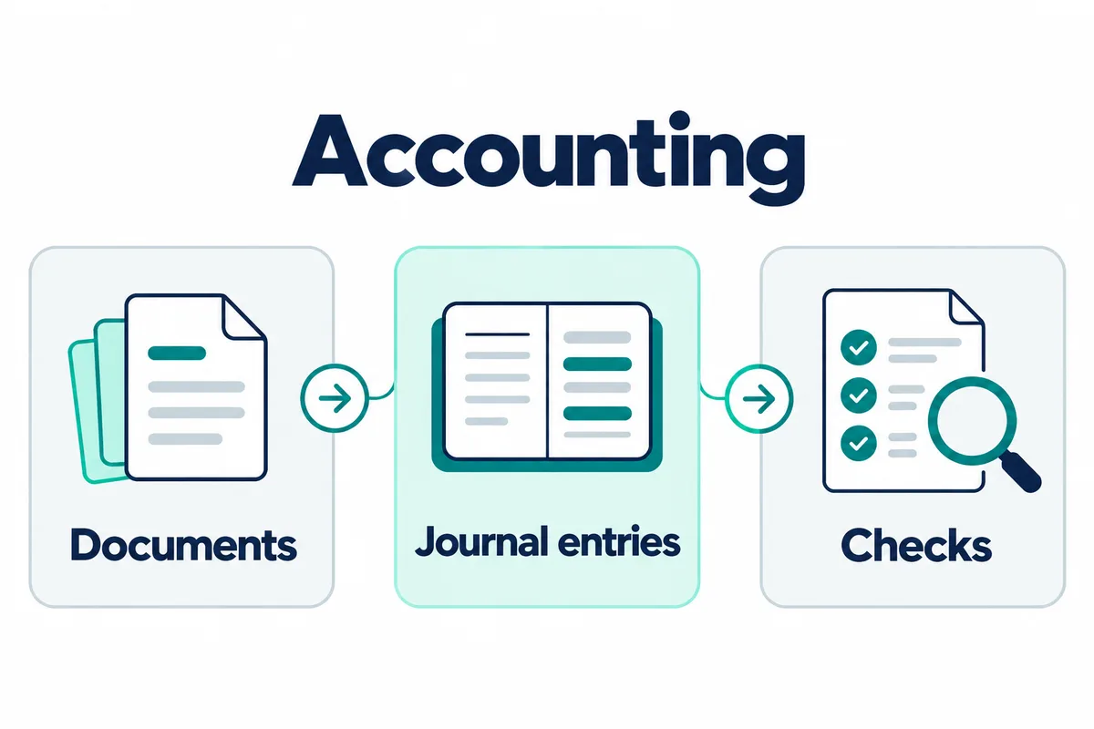 Three stages of accounting: the documents, the journal entries, then the checks.