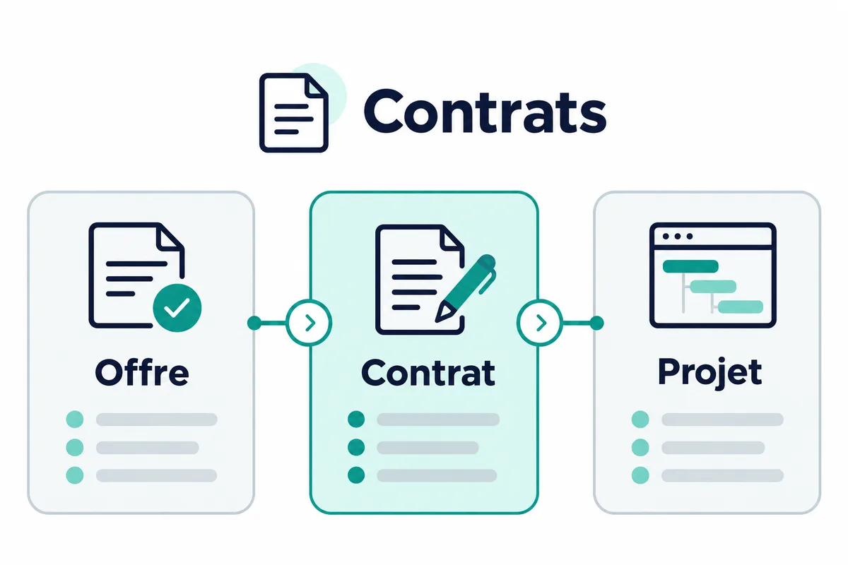 Le module contrats : lecture du contrat, cadence de facturation, puis facture.