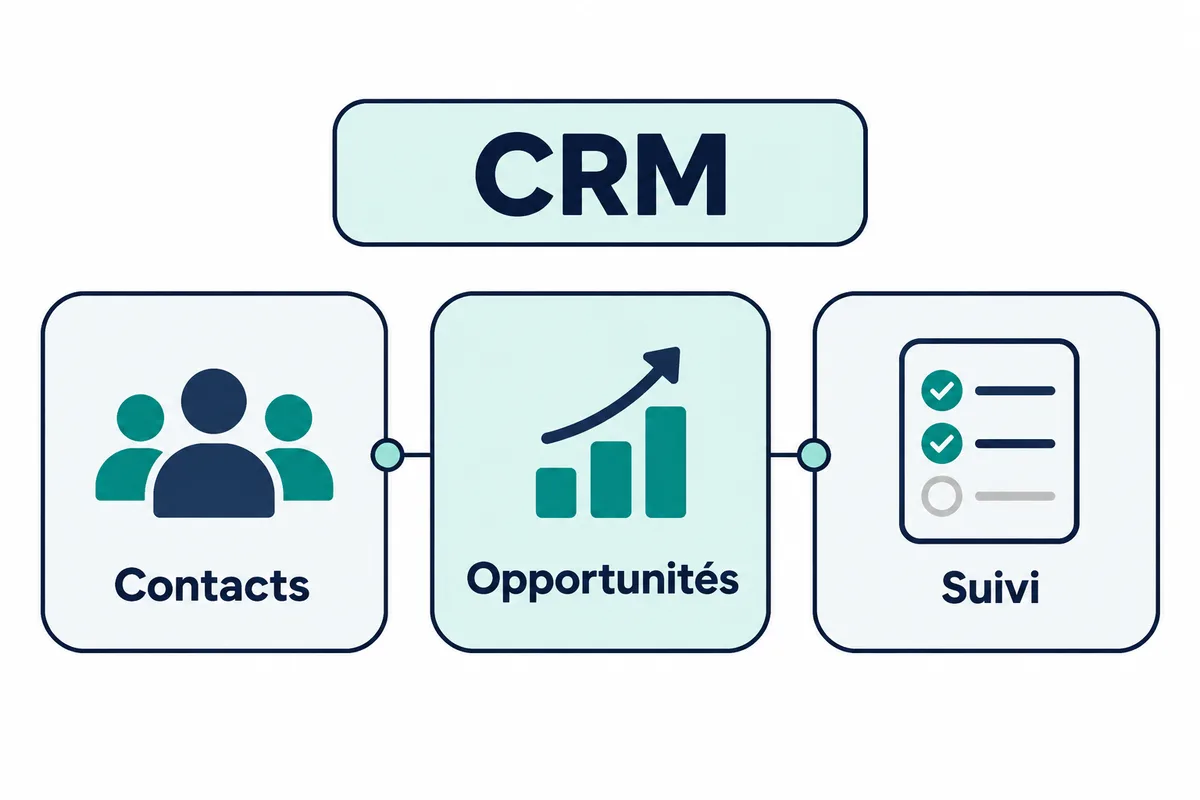Le CRM relie les contacts, les opportunités et le suivi.