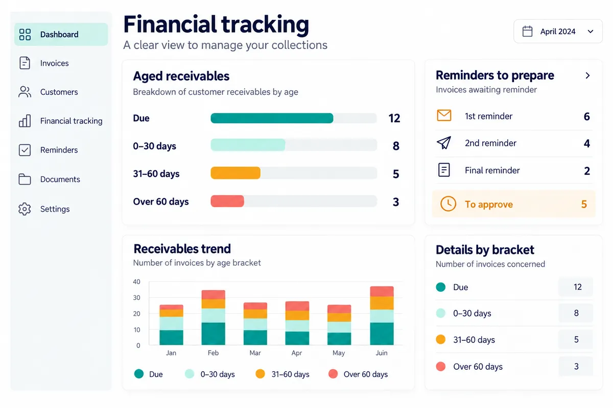 A financial overview with the ageing report of receivables by age and the reminders to prepare.