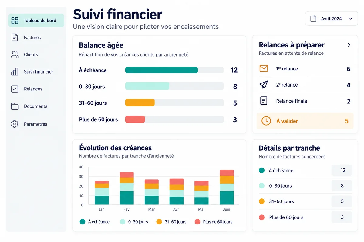 Un suivi financier avec la balance âgée des créances par ancienneté et les relances à préparer.